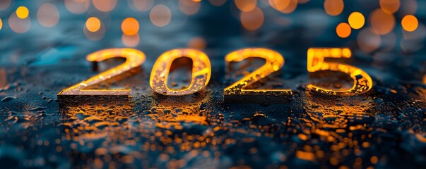 Aufkleber - 2025 shiny gold numbers reflecting on wet ground with bokeh lights in the background, perfect for new year's eve celebrations