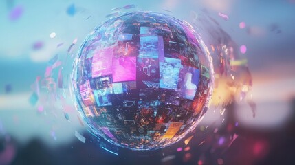 Poster - futuristic sphere of interconnected screens displaying diverse data and images, symbolizing global c