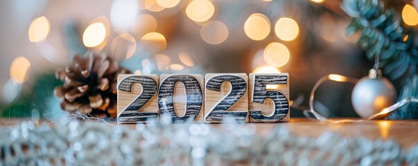 Poster - Number 2025 formed by wooden blocks with festive decorations and lights in the background