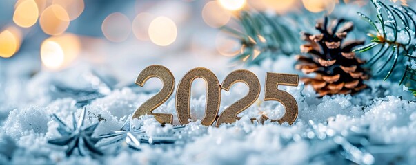 Poster - Golden new year 2025 sign standing in snow with festive christmas decor and background lights