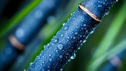 Poster - Water droplets on dark bamboo stem with green blurred background create serene natural composition highlighting morning dew and freshness in garden setting.