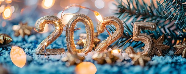 Poster - Golden 2025 sign surrounded by twinkling lights, evergreen boughs, and festive decorations, evoking a magical new year's ambiance