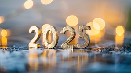 Poster - Golden numbers 2025 reflecting on table with sparkling lights for new year celebration