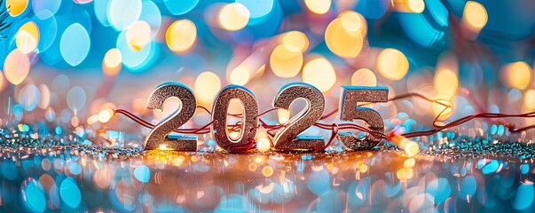 Aufkleber - Glittering silver 2025 sign with festive christmas lights welcoming the new year