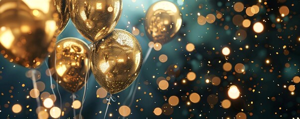 Aufkleber - Golden balloons floating in front of a sparkly turquoise background with bokeh