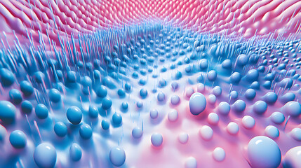 Sticker - Abstract blue and pink three-dimensional background of many spheres separated from each other and resembling drops 3D illustration 3D rendering


