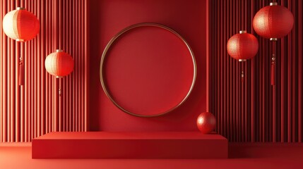 Wall Mural - vibrant red setting with traditional lanterns, a circular gold frame, textured walls, and a geometri