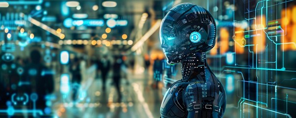 Aufkleber - In a futuristic urban setting, an ai robot is analyzing data from security cameras
