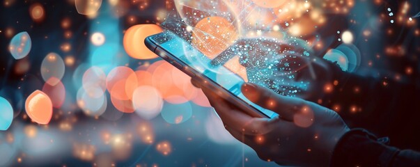 Poster - Businessman using smartphone to connect to global network and exchange data with a hologram of digital globe