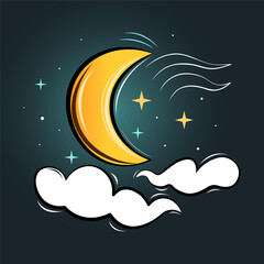 Wall Mural - crescent moon, wind, stars and white clouds isolated on night sky background, cute icon, weather, lu