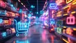 © Justlight - Glowing holographic icons illustrating online shopping elements like carts, payment methods, and delivery options shine in a futuristic supermarket aisle, merging technology with commerce
