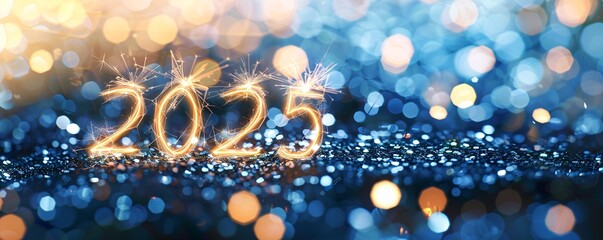 Aufkleber - 2025 sparkler trail on glittery blue background for new year's eve festivity