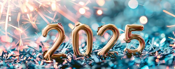 Poster - Golden balloons are forming the number 2025 on a sparkling blue confetti background celebrating new year's eve