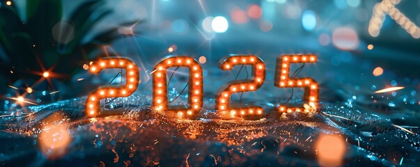 Poster - Illuminated 2025 sign on a sparkling platform with blurred city lights in the background