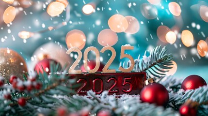 Wall Mural - New year 2025 concept with falling snow, wooden numbers and christmas decoration