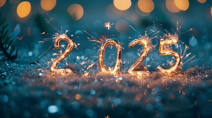 Wall Mural - New year 2025: golden numbers and sparkling fireworks on snow against a blue background