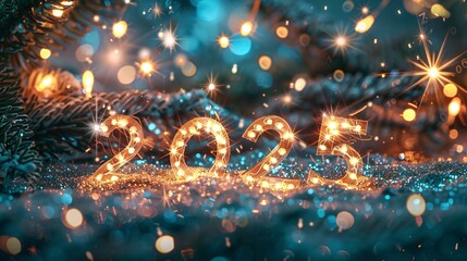 Poster - Celebrating new year's eve with luminous number 2025, sparkles and lights