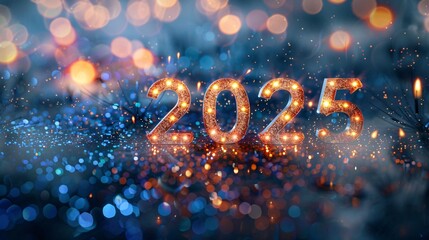 Aufkleber - Sparkling 2025 new year celebration design with fireworks and bokeh lights