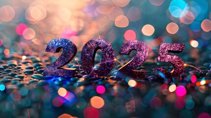 Aufkleber - Glittery purple 2025 new year sign on a black surface with colorful bokeh lights