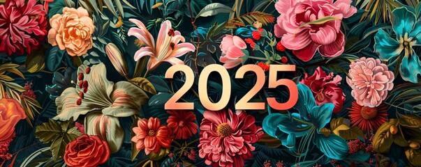 Wall Mural - Beautiful 2025 greeting with golden text and a vibrant floral display, ideal for greeting cards or invitations