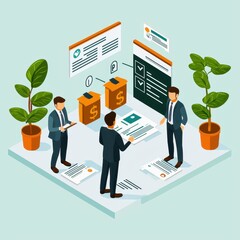 Wall Mural - Three business professionals discuss financial documents surrounded by plants and digital displays in a modern office setting.