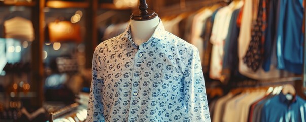 Aufkleber - Blue patterned shirt with white buttons displayed on mannequin in clothing store