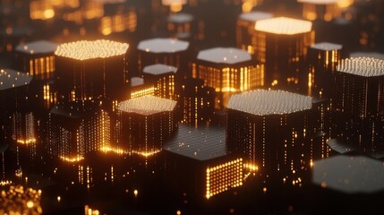 Poster - Glowing hexagonal structures form a futuristic cityscape, illuminated by warm orange lights, creating a mesmerizing and technologically advanced urban landscape