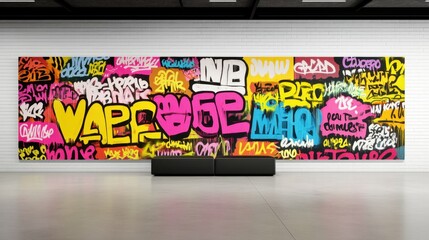 Poster - A vibrant graffiti-style mural featuring the word in bold letters alongside other graffiti elements, displayed on a white brick wall above a dark-colored couch