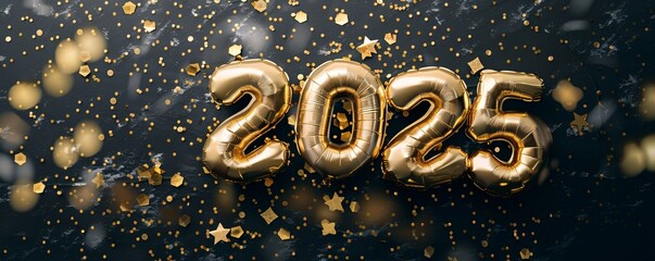 Poster - Golden balloons forming 2025 number on black background with scattered confetti, celebrating the new year