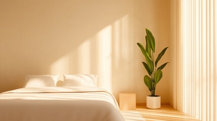 Wall Mural - A sunlit, minimalist bedroom corner features a white bed with two pillows, a small wooden side table, and a tall, leafy plant against a warm beige wall 