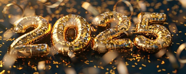 Aufkleber - Golden balloons create the number 2025 on a black background sprinkled with golden confetti