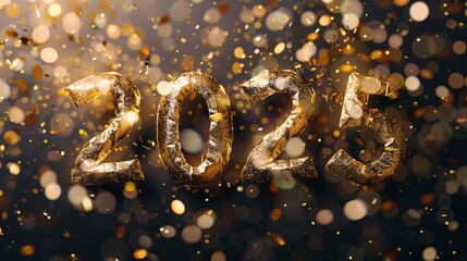 Poster - New year's eve celebration with golden confetti and 2025 numbers against a dark bokeh background
