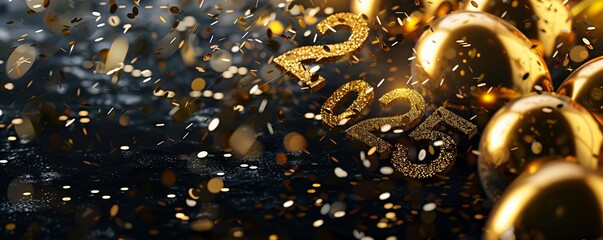 Poster - Golden balloons and falling confetti on a black background in 2023