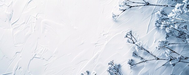 Poster - Snowy backdrop with frost-dusted branches on a white textured surface