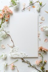 Poster - Mockup of wedding invitation with blank card on textured white background, adorned with pink and white flowers and decorative plaster