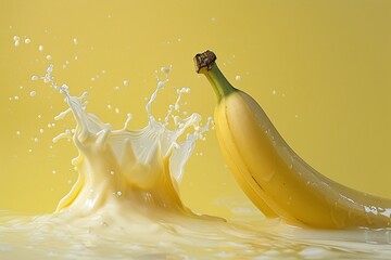 Poster - Ripe yellow banana is splashing into a pool of milk, creating a dramatic splash on a yellow background