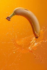 Fototapete - Ripe yellow banana falling into water creating a large splash on an orange background