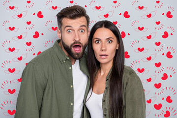 Aufkleber - Photo of young couple astonished fake gossip stupor face reaction isolated over grey color background