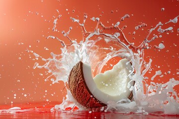 Poster - Coconut creating a splash in water on a vibrant red backdrop