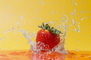 Poster - Lone ripe strawberry splashes into orange water, creating a large ripple against a yellow backdrop