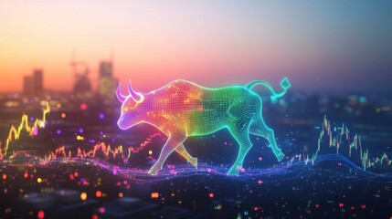 Poster - Colorful holographic bull striding across a vibrant cityscape backdrop at sunset, symbolizing a booming stock market and financial growth with glowing charts and graphs