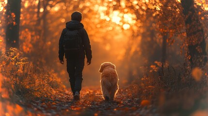 Poster - A person and a golden retriever stroll together along a wooded path, surrounded by vibrant autumn foliage as the sun sets in the background, creating a warm, golden glow.