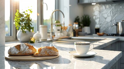 Poster - Modern kitchen counter with a cup of coffee and a slice of bread