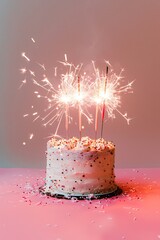 Aufkleber - Birthday cake topped with colorful sprinkles and lit sparklers is ready for a celebration