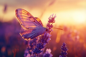 Poster - A delicate butterfly with translucent wings rests on vibrant lavender blossoms during a breathtaking sunset.