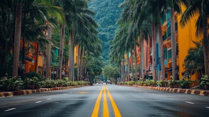 Colorful street, tropical palms, mountain backdrop, quiet morning, travel destination