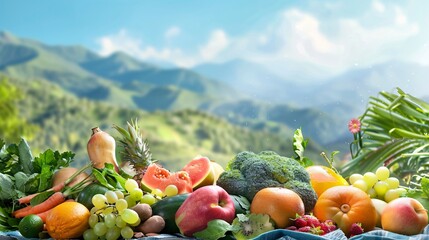 Poster - Assorted fruits and vegetables displayed on a table with rolling hills in the background