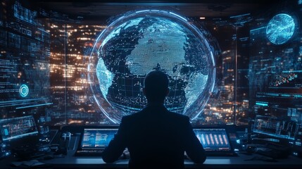 Poster - Close up of businessman hand using abstract globe sphere hologram with coding and polygonal network on blurry office interior background. Future, technology and digital world concept. Double exposure