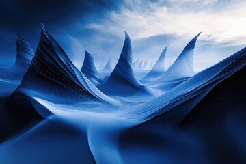 Abstract blue landscape with sharp, wave-like snow formations under a dramatic sky.