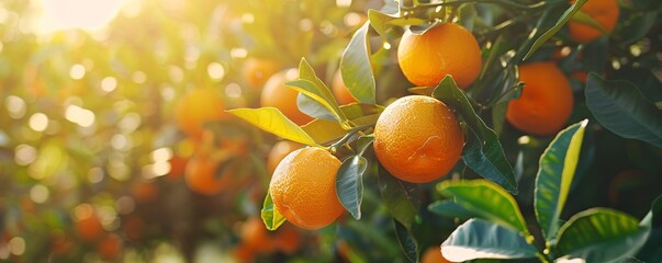 Aufkleber - Sun-kissed oranges ripening on a tree branch in an orchard